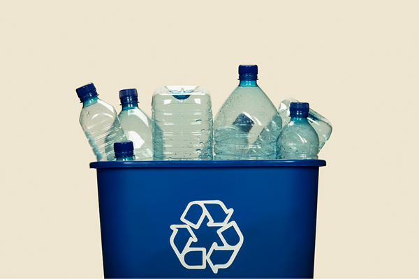 Blue box of recycled plastic bottles